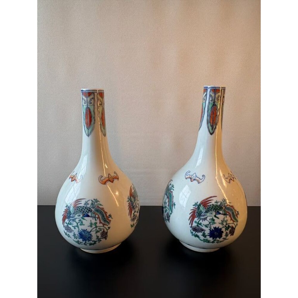 Pair Chinese Doucai Style Porcelain Bottle Vases Floral Medallions